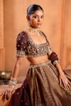 Buy_Enamour By Radha_Brown Silk Embroidery Scoop Floral Kalidar Lehenga Set 