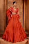 Buy_Enamour By Radha_Orange Organza Embroidery Beads V-neck Zari Flared Lehenga Set _at_Aza_Fashions