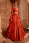 Buy_Enamour By Radha_Orange Organza Embroidery Beads V-neck Zari Flared Lehenga Set _Online_at_Aza_Fashions