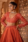 Enamour By Radha_Orange Organza Embroidery Beads V-neck Zari Flared Lehenga Set _at_Aza_Fashions