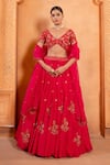 Shop_Enamour By Radha_Pink Organza Embroidery Glass Beads V-neck Paisley Kalidar Lehenga Set _at_Aza_Fashions