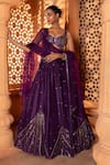 Shop_Enamour By Radha_Purple Organza Embroidery Sequins Leaf Glass Beads Lehenga And Blouse Set _Online_at_Aza_Fashions