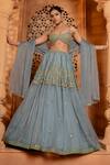 Buy_Enamour By Radha_Blue Organza Embroidery Glass Beads Leaf Floral Zardosi Tiered Lehenga Set _at_Aza_Fashions