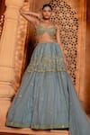 Enamour By Radha_Blue Organza Embroidery Glass Beads Leaf Floral Zardosi Tiered Lehenga Set _Online_at_Aza_Fashions