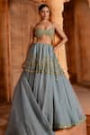 Shop_Enamour By Radha_Blue Organza Embroidery Glass Beads Leaf Floral Zardosi Tiered Lehenga Set _Online_at_Aza_Fashions