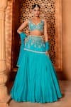 Buy_Enamour By Radha_Blue Organza Embroidery Floral V-neck Zari Fish Cut Lehenga Set _at_Aza_Fashions