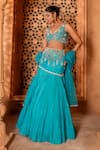 Enamour By Radha_Blue Organza Embroidery Floral V-neck Zari Fish Cut Lehenga Set _Online_at_Aza_Fashions