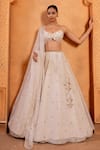 Shop_Enamour By Radha_Ivory Silk Embroidery Plunge V-neck Zardosi Flared Lehenga Set _Online_at_Aza_Fashions