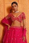 Shop_Enamour By Radha_Pink Organza Embroidery Zari V-neck Paisley Jaal Lehenga Set _at_Aza_Fashions