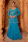 Buy_Enamour By Radha_Blue Chiffon Embroidery Pearls Bustier Scoop Tie Up Jacket And Sharara Set _at_Aza_Fashions