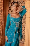 Buy_Enamour By Radha_Blue Chiffon Embroidery Pearls Bustier Scoop Tie Up Jacket And Sharara Set _Online_at_Aza_Fashions