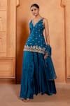 Buy_Enamour By Radha_Blue Net Embroidery Zardosi V-neck Floral Kurta And Sharara Set _Online_at_Aza_Fashions