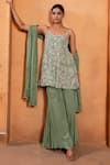 Buy_Enamour By Radha_Green Chiffon Embroidery Floral Scoop Pearl Flared Tunic And Sharara Set _at_Aza_Fashions