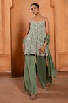 Shop_Enamour By Radha_Green Chiffon Embroidery Floral Scoop Pearl Flared Tunic And Sharara Set _Online_at_Aza_Fashions