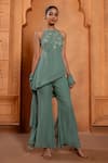 Buy_Enamour By Radha_Green Crepe Silk Embroidery Floral Halter Pearl Asymmetric Kurta And Pant Set _at_Aza_Fashions