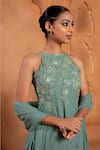 Buy_Enamour By Radha_Green Crepe Silk Embroidery Floral Halter Pearl Asymmetric Kurta And Pant Set _Online_at_Aza_Fashions