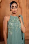 Shop_Enamour By Radha_Green Crepe Silk Embroidery Floral Halter Pearl Asymmetric Kurta And Pant Set _Online_at_Aza_Fashions