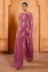 Buy_Enamour By Radha_Pink Organza Silk Embroidery Glass Beads Pearl Short Kurta With Flared Pant _at_Aza_Fashions