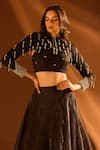 Samyukta Singhania_Black Lido Satin Embroidered Glass Bead Cape High Round Lehenga Set _Online