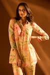 Samyukta Singhania_Beige Tissue Collared Floral Pattern Kurta And Pant Set _Online_at_Aza_Fashions