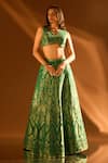 Buy_Samyukta Singhania_Green Brocade Banarasi Embroidered Antique Sequin V Neck Lehenga Set _at_Aza_Fashions