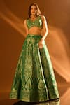 Shop_Samyukta Singhania_Green Brocade Banarasi Embroidered Antique Sequin V Neck Lehenga Set _at_Aza_Fashions