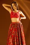 Shop_PAC FASHION CLOTHING_Red Lehenga Dutch Satin Embroidered Cutdana Floral Print Pleated Set _Online_at_Aza_Fashions