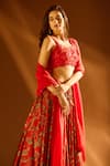 PAC FASHION CLOTHING_Red Lehenga Dutch Satin Embroidered Cutdana Floral Print Pleated Set _Online