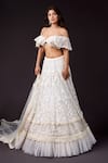 Shop_Archana Kochhar_Ivory Net Embroidery Floral Asymmetric Neck Pearl Lehenga Set _at_Aza_Fashions