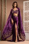 Buy_Ahi Clothing_Purple Velvet Embroidered Mirror Sweetheart Zardozi Bustier Draped Skirt Set _at_Aza_Fashions