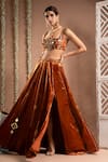 Buy_Ahi Clothing_Orange Velvet Embroidered Mirror Square Zari Slit Lehenga With Blouse _Online_at_Aza_Fashions