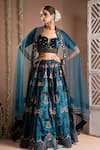 Buy_Ahi Clothing_Blue Velvet Embroidered Mirror Leaf Zardozi Lehenga Set _at_Aza_Fashions