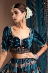 Ahi Clothing_Blue Velvet Embroidered Mirror Leaf Zardozi Lehenga Set _at_Aza_Fashions