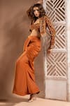 Ahi Clothing_Brown Heavy Crepe Embroidered Mirror Floral Jaal Print Cropped Draped Skirt Set _Online_at_Aza_Fashions