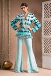 Buy_Ahi Clothing_Blue Heavy Crepe Embroidered Mirror Floral Jharokha Print Coat With Flared Pant _at_Aza_Fashions