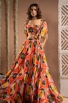 Ahi Clothing_Orange Heavy Georgette Embellished Resham Bustier Floral Print Cape Lehenga Set _Online_at_Aza_Fashions