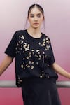 Shop_Kavya Singh Kundu_Black Cotton Embroidered Sequin Round Glint Metal T-shirt _at_Aza_Fashions