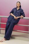 Buy_Kavya Singh Kundu_Blue Denim Embroidered Bead Collared Tom Shirt And Pant Set _at_Aza_Fashions