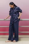 Kavya Singh Kundu_Blue Denim Embroidered Bead Collared Tom Shirt And Pant Set _Online_at_Aza_Fashions