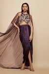 Masumi Mewawalla_Purple Mashroo Silk Embroidery Floral Round Neck Blouse With Dhoti Skirt _Online_at_Aza_Fashions