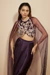 Buy_Masumi Mewawalla_Purple Mashroo Silk Embroidery Floral Round Neck Blouse With Dhoti Skirt _Online_at_Aza_Fashions