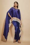 Buy_Masumi Mewawalla_Blue Mashroo Silk Embroidery Fringes Boat Neck Sequin Yoke Kaftan With Pant _at_Aza_Fashions