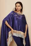 Buy_Masumi Mewawalla_Blue Mashroo Silk Embroidery Fringes Boat Neck Sequin Yoke Kaftan With Pant _Online_at_Aza_Fashions