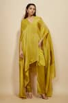 Buy_Masumi Mewawalla_Yellow Modal Satin Placement Embroidery Block Asymmetric Kaftan With Pant _at_Aza_Fashions