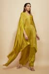 Masumi Mewawalla_Yellow Modal Satin Placement Embroidery Block Asymmetric Kaftan With Pant _at_Aza_Fashions