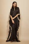 Buy_Masumi Mewawalla_Black Modal Satin Placement Embroidery Fringes High Neck Tie-up Belt Kaftan _at_Aza_Fashions