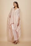 Masumi Mewawalla_Pink Natural Crepe Embroidery Sequins V Neck Kaftan With Pant _Online_at_Aza_Fashions