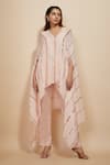 Masumi Mewawalla_Pink Natural Crepe Embroidery Sequins V Neck Kaftan With Pant _at_Aza_Fashions