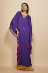 Buy_Masumi Mewawalla_Purple Modal Satin Embellished Tassel V Neck Fringed Kaftan _at_Aza_Fashions