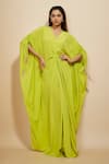 Buy_Masumi Mewawalla_Green Natural Crepe Plain V Neck Cinched Centre Waist Kaftan _at_Aza_Fashions